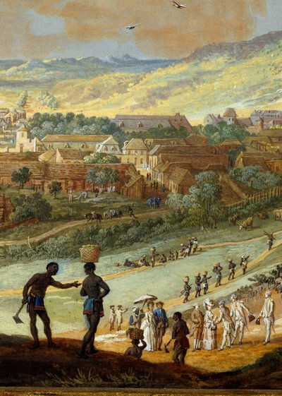 Részlet: "" Kilátás Cape francais városára (Cap de la Republique) kilátás a hegyre Santo Domingoban"" Részlet. Louis Nicolas Van Blarenberghe (1716-1794) festménye 1779 La Rochelle, Az Újvilág Múzeuma. alkotó: Louis Nicolas van Blarenberghe