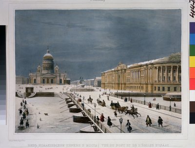 A Szent Izsák-székesegyház és a Szenátus tér Szentpéterváron. Louis Pierre Alphonse Bichebois (Louis-Pierre-Alphonse) rajza (1801-1850). Akvarellre színezett litográfia, alkotó: Louis Philippe Alphonse Bichebois