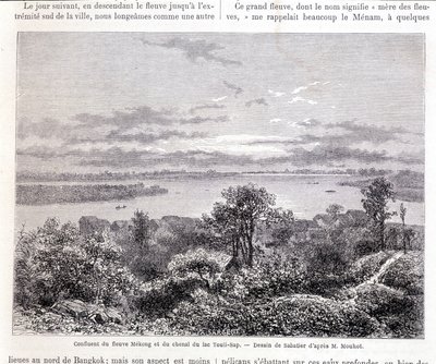 A Mekong folyó és a Touli-tó összefolyása - pofon. Sabatier rajza Mr. Mouhot szerint. “Tour du monde” alkotó: Louis Remy Sabatier