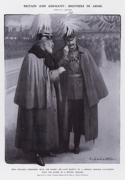 VII. Edward király a porosz dragonyosok ezredesének, II. Vilmos császár pedig brit tábornagynak (litho) öltözött alkotó: Louis Remy Sabattier