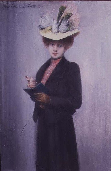 Egy elegáns hölgy kék jegyzetfüzettel alkotó: Louis Robert Carrier-Belleuse
