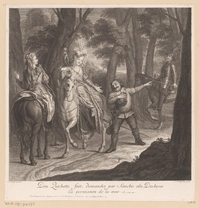 Don Quijote megkéri Sanchót, hogy kérjen engedélyt a hercegnőtől, hogy láthassa Don Quichotte fait demander par Sancho ala Duchesse ca permission de la voir (cím a tárgyon) A La Mancha-i Don Quijote története (sorozat címe) alkotó: Louis Surugue