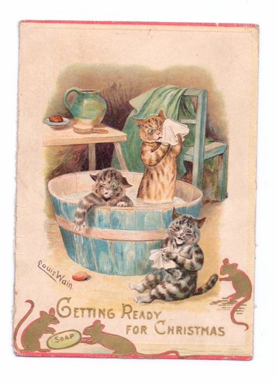 Viktoriánus karácsonyi üdvözlőlap két macskával egy fürdőkádban, miközben két egér egy szappannal játszik, 1880 körül alkotó: Louis Wain