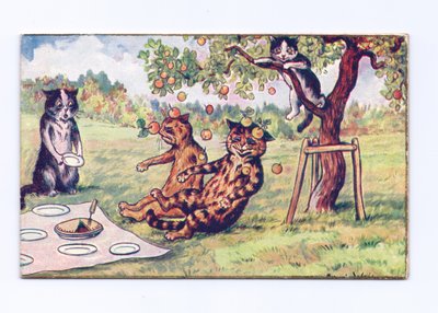 Egy viktoriánus üdvözlőkártya almával, amely két macskára esik egy pikniken, 1880 körül alkotó: Louis Wain