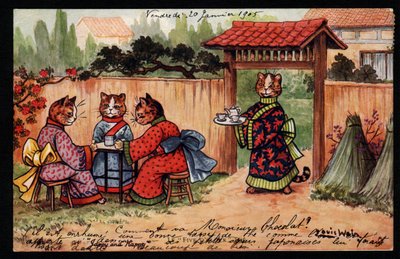 Állatok emberi testtartásban. Kimonós macska teát iszik egy japán kertben. Képeslap. Louis Wain (1860-1939) kromolitográfiája, egy angol művész, aki a nagy szemű macskák ábrázolásáról ismert. 20. század eleje. Gyűjtemény pr alkotó: Louis Wain