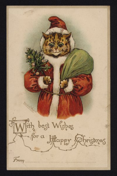 Macska, mint Mikulás, karácsonyi üdvözlőlap (chromolitho) alkotó: Louis Wain