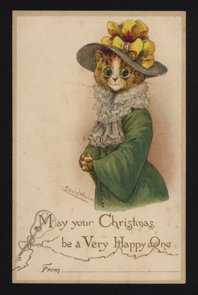 Női kalapot és kabátot viselő macska, karácsonyi üdvözlőlap (chromolitho) alkotó: Louis Wain