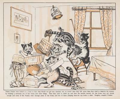 Dobozokkal játszó macskák egy szobában. alkotó: Louis Wain