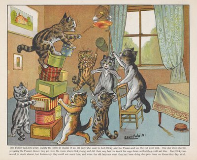 Dobozokkal játszó macskák egy szobában. alkotó: Louis Wain