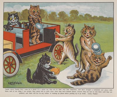 Piknikre készülő macskák. alkotó: Louis Wain