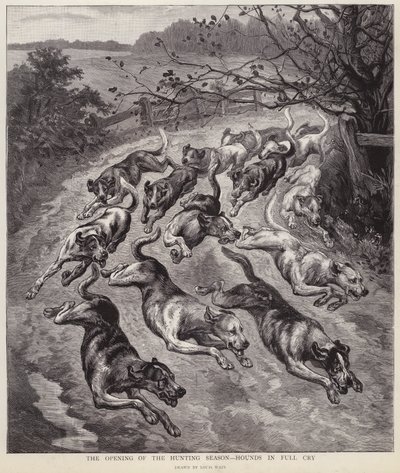 A vadászkutyák teljes sírásban a vadászati szezon kezdetén (litho) alkotó: Louis Wain