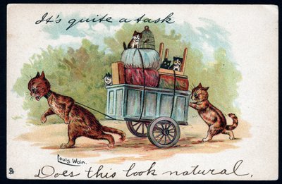 Elég nehéz feladat, természetesnek tűnik. Állatok emberi testtartásban. Macskák, akik kocsit húznak a cicáikkal és a benne mozgó holmikkal. Képeslap. Louis Wain (1860-1939), Angla művész kromolitográfiája alkotó: Louis Wain