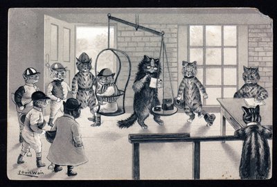 Kihasználjuk a jó időt. Állatok emberi testtartásban. Macska jockey, hogy lemérjük a mérleg. Képeslap. Louis Wain (1860-1939) kromolitográfiája, egy angol művész, aki a nagy szemű macskák ábrázolásáról ismert. 20 eleje alkotó: Louis Wain