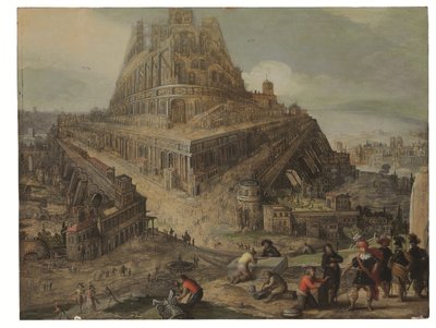 Nimród király elrendeli a bábeli torony építését (olaj, tábla) alkotó: Louis de (circle of) Caullery