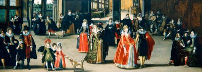Elegáns figurák táncolnak a belső térben (olaj a panelen) alkotó: Louis de Caullery