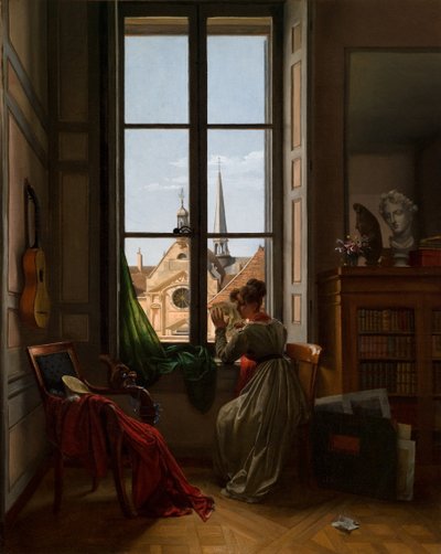 Beltér, virágot rajzoló fiatal nővel, 1820-22 körül (olaj, vászon) alkotó: Louise Adeone Droelling