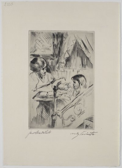 Gyerek az ágyban és az anya alkotó: Lovis Corinth