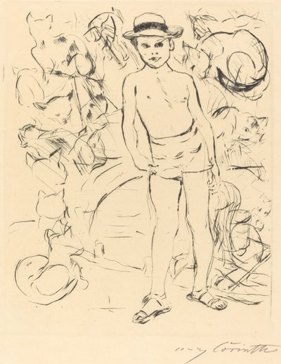 Fürdőnadrágot és szalmakalapot viselő fiú Fürdőnadrágot és szalmakalapot viselő fiú, 1915. alkotó: Lovis Corinth