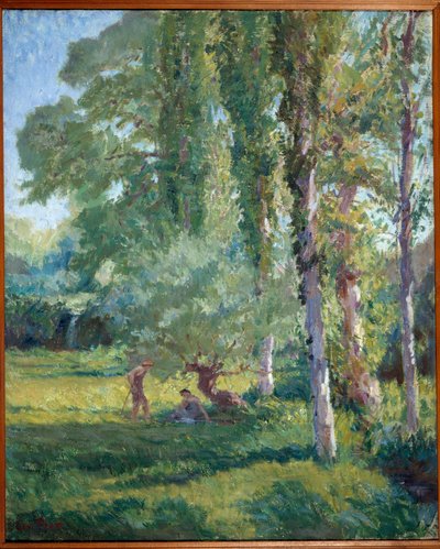 Pár a füvön egy nyárfa alatt Loys Prat festménye (1879-1934), XX. század. Olajfestmény. Donzere, Városháza. alkotó: Loys Prat