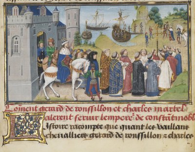 A bizánci császár üdvözli Roussillont és Martelt, 1468-1470 alkotó: Loyset Liedet