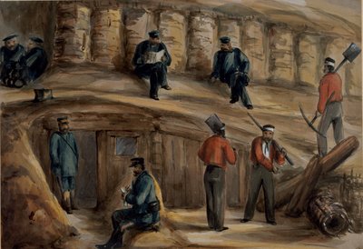 A Királyi Tüzérezred tüzérei pihennek a szevasztopoli lövészárkokban, 1855 körül. alkotó: Lt. Henry James Alderson