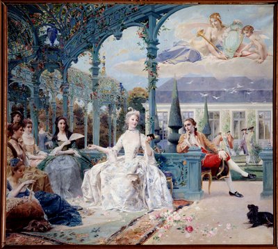 Mademoiselle de Clermont és Melun grófja a Sylvie pavilonban Chantilly közelében. Ez Theophile de Viau verseinek két főszereplője. Luc Olivier Merson (1846-1920) festménye 1895 V. 1,88x2,10 m Chantilly, Musee Conde alkotó: Luc Oliver Merson