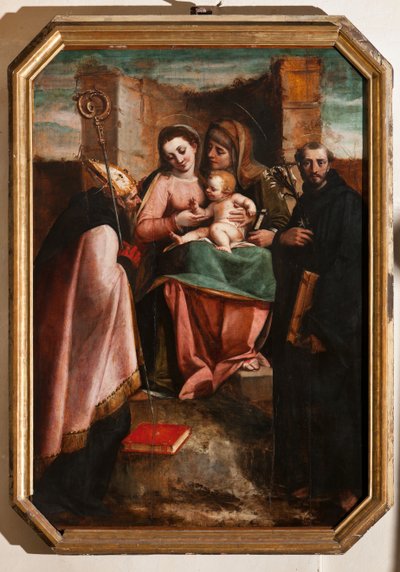 Genova, Dóm (Szent Lőrinc-székesegyház), belül, Keresztelőkápolna (korábbi Szent János-templom): "Madonna és gyermeke Szent Anna, Bari Szent Miklós és Tolentinoi Szent Miklós között", Luca Cambiaso alkotó: Luca Cambiaso