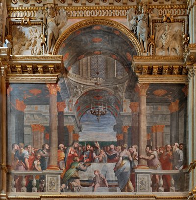 Genova, Dóm (Szent Lőrinc-székesegyház), belül, A Lercari-kápolna vagy az Oltáriszentség-kápolna (északi apszis), északi oldal: "A bemutató a templomban", Luca Cambiaso freskója alkotó: Luca Cambiaso