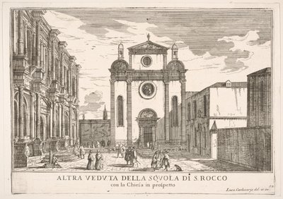 38. tábla: Kilátás a Szent Rókus-templom homlokzatára és balról a Schoo... homlokzatára, 1703. alkotó: Luca Carlevarijs