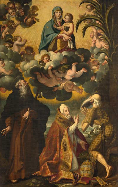 Szent Antal oltára, Madonna és gyermeke szentekkel Antal Remete Pál apáttal és XIV. Gergely pápával, Lukács Cattapane 1593 alkotó: Luca Cattapane