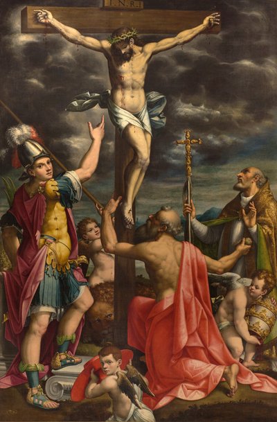 San Fermo oltár, keresztre feszítés Fermo Jeromos szentekkel és XIV. Gergely pápával, Luca Cattapane 1593 alkotó: Luca Cattapane