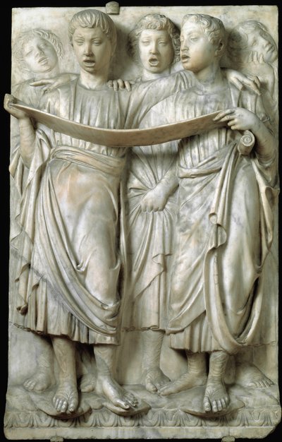 La cantoria vagy kórusban éneklő gyerekek – Márvány dombormű, Luca della Robbia (1400-1482 körül), Quattrocento alkotó: Luca Della Robbia