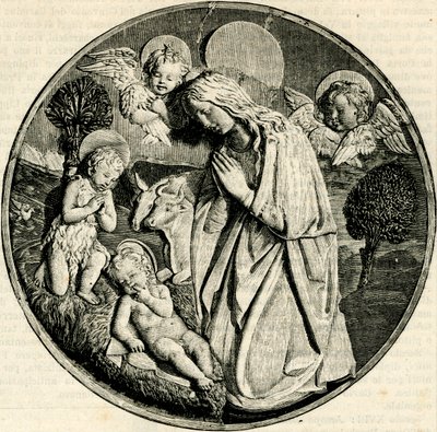 Madonna a Gyermek imádatában Keresztelő Szent János csecsemővel és kerubokkal, Luca della Robbia (1399/1400-1482), Prato, Toszkána, Olaszország, fametszet a Le cento citta d