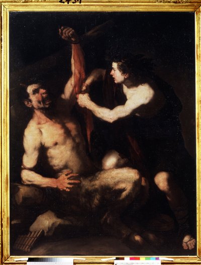 ""Apollo és Marsyas"" Apolló, miután megnyerte a Marsyas elleni kihívást, megnyúzta, majd egy barlangba dobta. Luca Giordano (1632-1705) festménye 1650 körül. Modorosság. Puskin Múzeum, Moszkva alkotó: Luca Giordano
