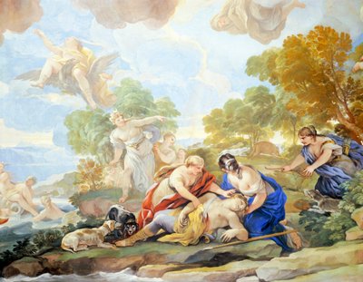 Adonis halála, Luca Giordano (1634-1705) Tükörcsarnok freskóciklusának részlete, freskó, Palazzo Medici Riccardi, Firenze alkotó: Luca Giordano