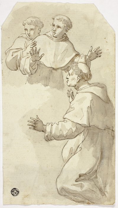 Három megriadt szerzetes, egy térdelve, kettő állva alkotó: Luca Giordano