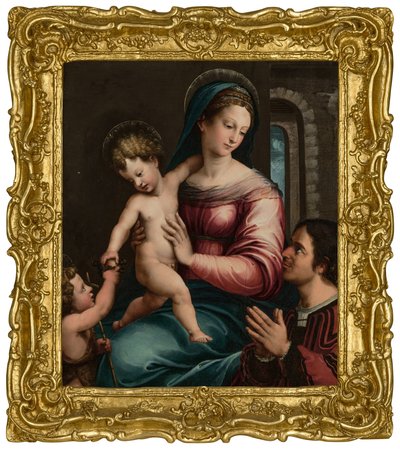 A Madonna és a Gyermek Keresztelő Szent János csecsemővel és egy donorral (olaj a táblán) alkotó: Luca Penni