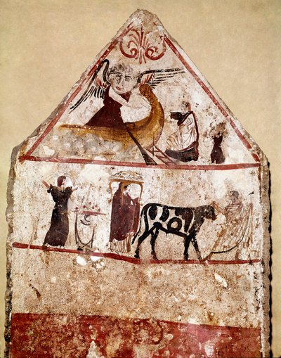 Egy bika vezet az áldozati oltáron Lucanian freskó a Kr.e. IV. századból, az olaszországi Paestumban található Andriuolo nekropoliszából. Museo nazionale archeologico, Paestum alkotó: Lucanian School