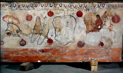Egy lovas és páncéljának különböző elemei Kr.e. 4. századi lucani freskó az olaszországi Paestum nekropoliszából. Museo nazionale archeologico, Paestum alkotó: Lucanian School
