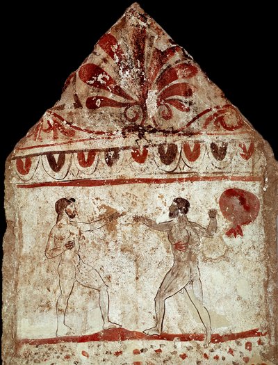Két atléta pugilat (boksz) Lucanian freskóját játszik az ie 4. századból, az olaszországi Paestum nekropoliszából. Museo nazionale archeologico, Paestum alkotó: Lucanian School
