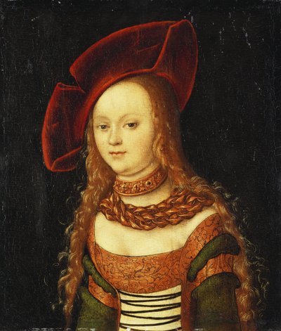 Egy fiatal lány portréja, félhosszú, zöld és arany jelmezt visel piros kalappal alkotó: Lucas Cranach