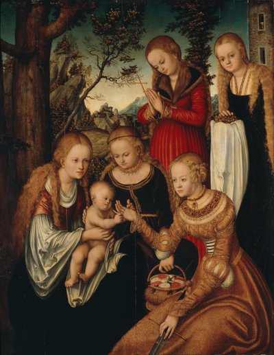 Német: Maria mit dem Jesusknaben und den Heiligen Katharina, Dorothea, Margaretha und Barbara (Sogenannte 