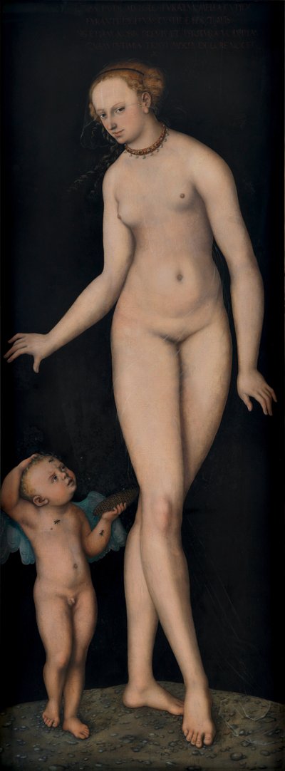 Német: Venus mit Amor als Honigdieb vor schwarzem Grund Vénusz Ámorral mint mézlopóval fekete háttér előtt Venus mit Amor als Honigdieb vor schwarzem Grund alkotó: Lucas Cranach the Elder