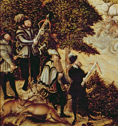 Nagyképű Johann Friedrich, Szászország választófejedelme és V. Károly császár szarvasra vadászik a Hartenfels-kastély közelében, Torgauban, 1544 (38682 részlet) alkotó: Lucas Cranach the Elder