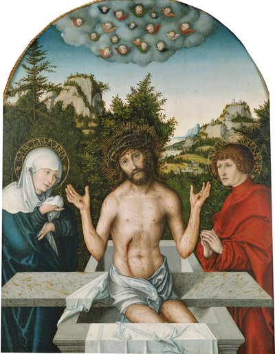 Pfirtscher oltárkép: János és Szűz Mária között szarkofágon ülve [középső tábla]. alkotó: Lucas Cranach the Elder