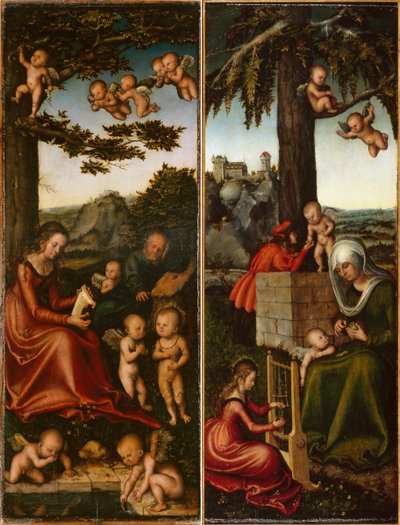Német: Heilige Familie von Engel umgeben amp; Erziehung der Jungfrau Maria (linker und rechter Flügel eines Marienaltares) Angyalok által körülvett Szent Család amp; Szűz Mária nevelése [egy oltár bal és jobb szárnya]. alkotó: Lucas Cranach the Elder and workshop