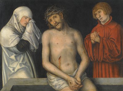 Német: Der Schmerzensmann zwischen Maria und Johannes Fájdalmas ember a Szűzanyával és Szent Jánossal az oldalán. alkotó: Lucas Cranach the Younger