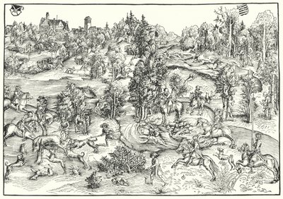 Szarvasvadászat szarvasparkban vagy tájképen (metszet) alkotó: Lucas the Elder (after) Cranach