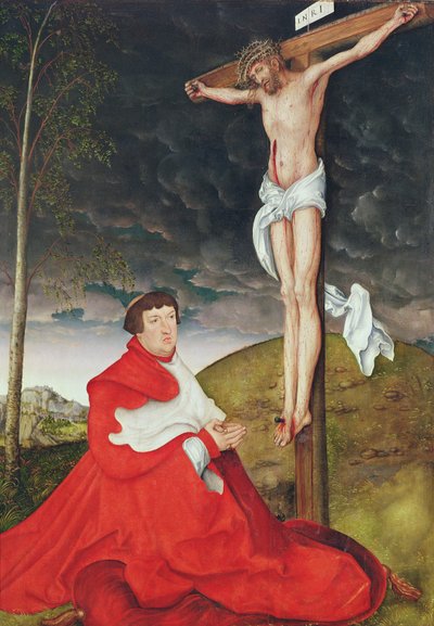 Albert, Mainz bíboros választófejedelme a kereszt lábánál (olaj a táblán) alkotó: Lucas the Elder Cranach