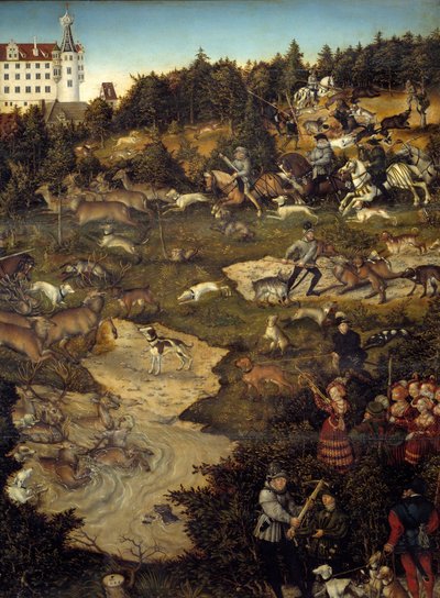 Vadászat V. Károly tiszteletére a Torgau-kastélyban (Németország). Részlet. Lucas Cranach festménye (1472-1553) alkotó: Lucas the Elder Cranach